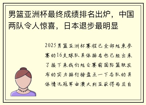 男篮亚洲杯最终成绩排名出炉，中国两队令人惊喜，日本退步最明显